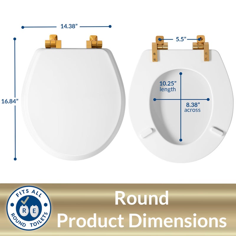 Mayfair Bennett Toilet Seat with Brushed Gold Hinges, Slow Close Wood Seat, Secure Metal Hinges, Easy Install, Made in USA, Round, White - Image 5