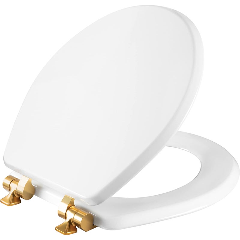 Mayfair Bennett Toilet Seat with Brushed Gold Hinges, Slow Close Wood Seat, Secure Metal Hinges, Easy Install, Made in USA, Round, White - Image 1