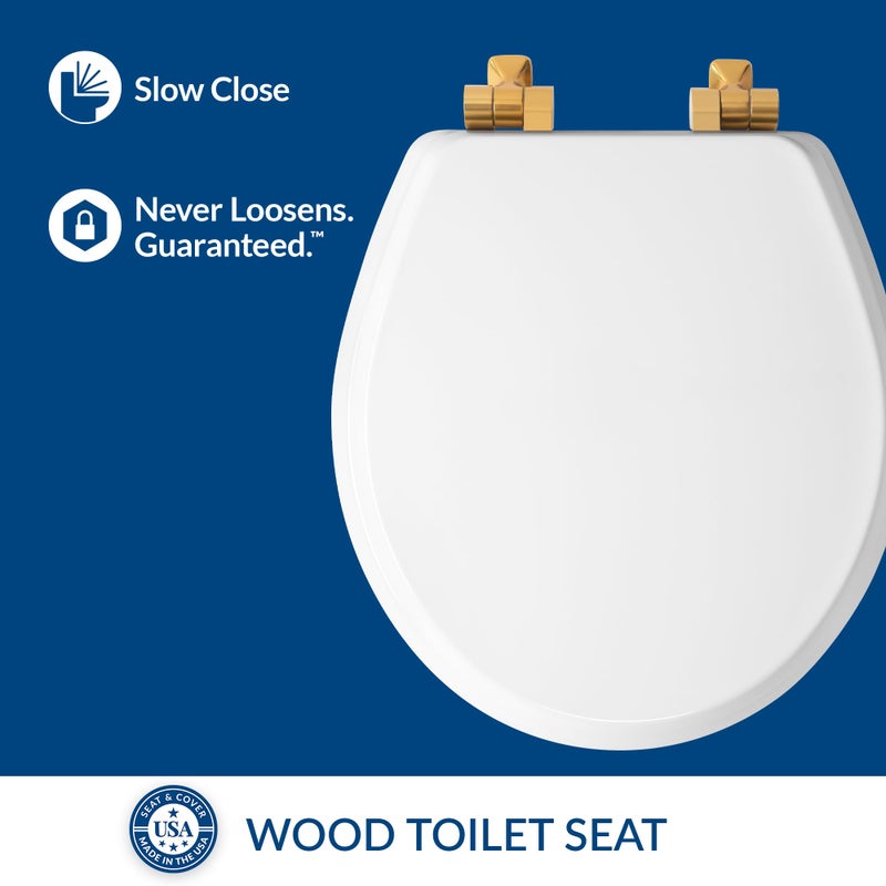 Mayfair Bennett Toilet Seat with Brushed Gold Hinges, Slow Close Wood Seat, Secure Metal Hinges, Easy Install, Made in USA, Round, White - Image 3