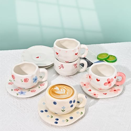 Koythin Ceramic Coffee Mug with Saucer Set, Cute Creative Pink Flower Cup Unique Irregular Design for Office and Home, 10 oz/300 ml for Latte Tea Milk - Image 3