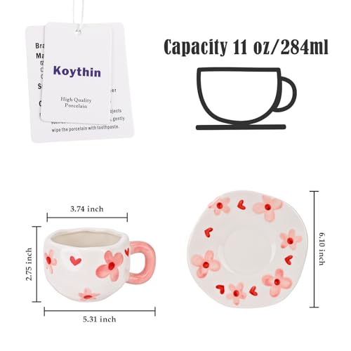 Koythin Ceramic Coffee Mug with Saucer Set, Cute Creative Pink Flower Cup Unique Irregular Design for Office and Home, 10 oz/300 ml for Latte Tea Milk - Image 2