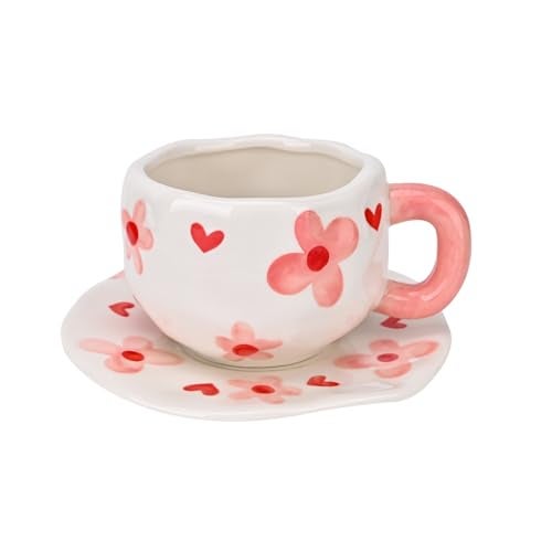 Koythin Ceramic Coffee Mug with Saucer Set, Cute Creative Pink Flower Cup Unique Irregular Design for Office and Home, 10 oz/300 ml for Latte Tea Milk - Image 1