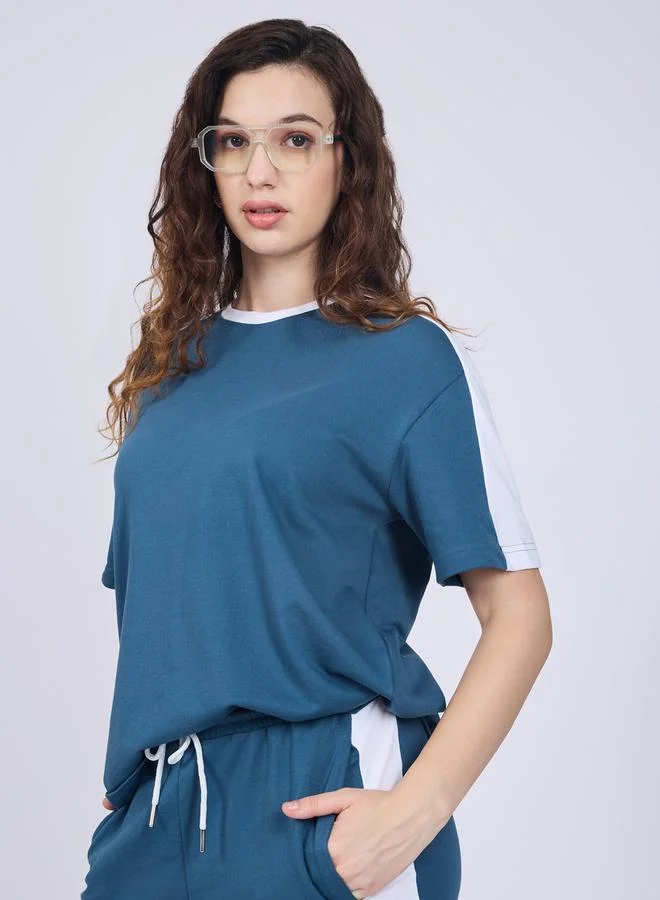 OUTZIDR  Blue Side Stripe T-Shirt and Joggers Co-Ords for Women | Best Price UAE
