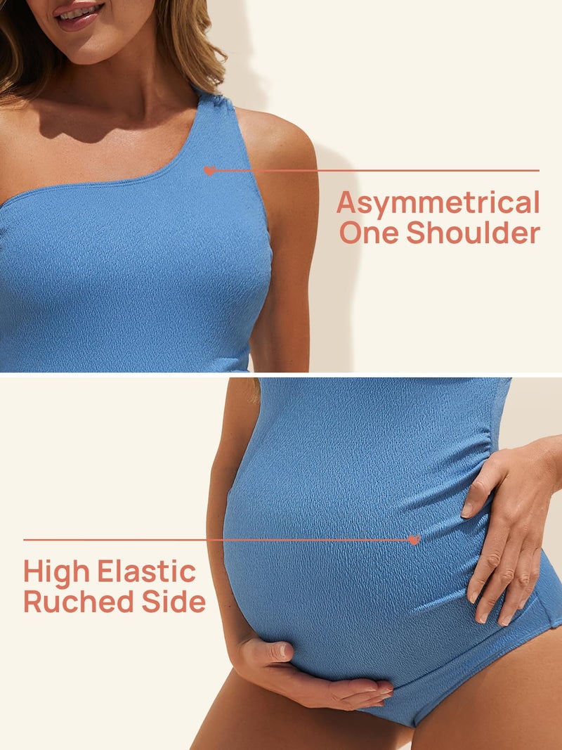 Summer Mae Maternity Swimsuit One Piece One Shoulder Ribbed Pregnancy Bathing Suit Sky Blue X-Large - Image 4