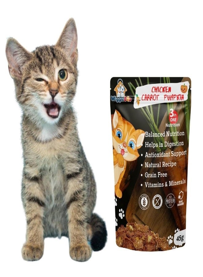 WiggleBoo مكافآت ويغل بو للقطط بنكهة الدجاج والجزر واليقطين | عبوة سفر | غنية بالبروتين | مزيل طبيعي للسموم | وجبة خفيفة مقرمشة | 45 غرام - Image 1