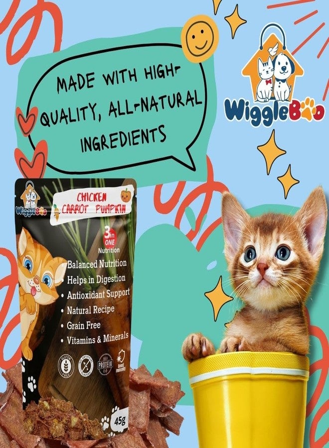 WiggleBoo مكافآت ويغل بو للقطط بنكهة الدجاج والجزر واليقطين | عبوة سفر | غنية بالبروتين | مزيل طبيعي للسموم | وجبة خفيفة مقرمشة | 45 غرام - Image 2