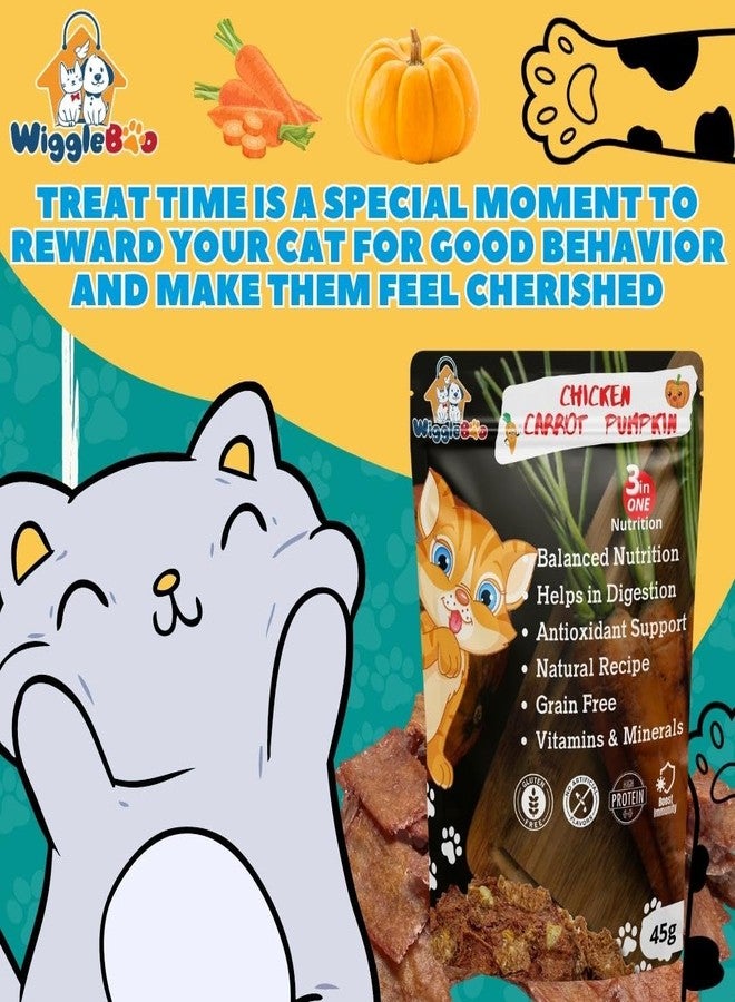 WiggleBoo مكافآت ويغل بو للقطط بنكهة الدجاج والجزر واليقطين | عبوة سفر | غنية بالبروتين | مزيل طبيعي للسموم | وجبة خفيفة مقرمشة | 45 غرام - Image 4