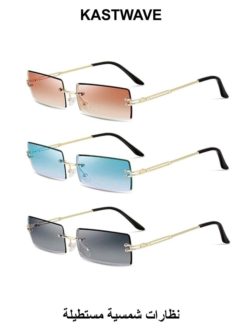 KASTWAVE 3Pcs Rimless Rectangle Sunglasses Exquisite Girl Color Rimless Glasses Ladies Retro Transparent Rectangle Glasses - Image 1