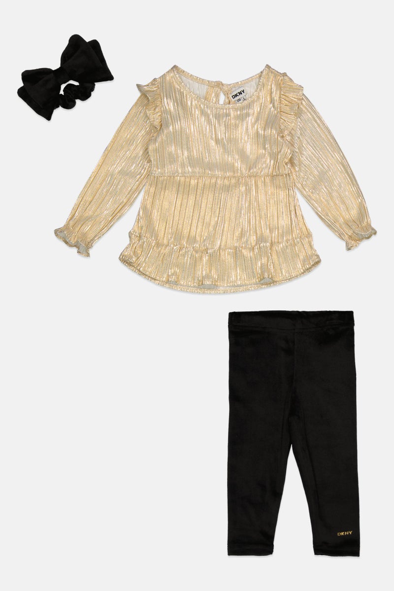 DKNY Toddlers Girl 3  Pcs Metallic Top And Pants Set With Scrunchie, Multicolor - Image 1