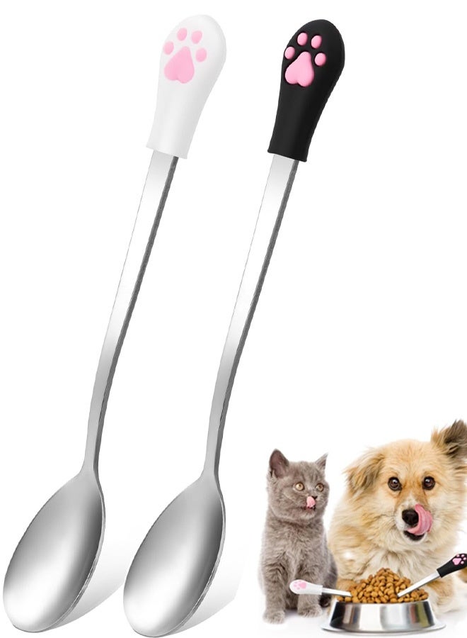 2 Pcs Dog Cat Spoon Pet Can Stainless Steel Cat Claw Long Handle Food Scoop Feeder for Wet Food and Can (White and Black) - Image 1