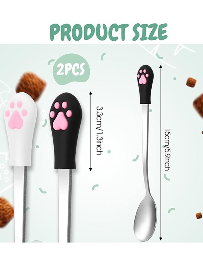 2 Pcs Dog Cat Spoon Pet Can Stainless Steel Cat Claw Long Handle Food Scoop Feeder for Wet Food and Can (White and Black) - Image 2