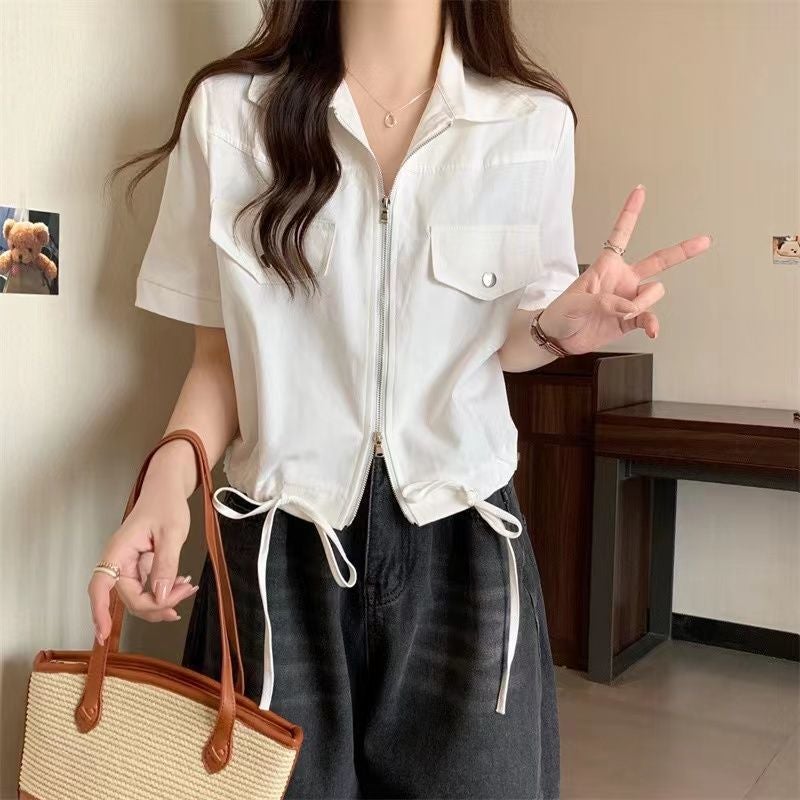 Short Right Shoulder Workwear Slimming Look Top for Women Summer New Large Size Slightly Fat mm Design Double Zipper Polo Shirt 101 pink - Image 3