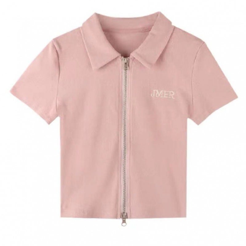 Short Right Shoulder Workwear Slimming Look Top for Women Summer New Large Size Slightly Fat mm Design Double Zipper Polo Shirt 101 pink - Image 1