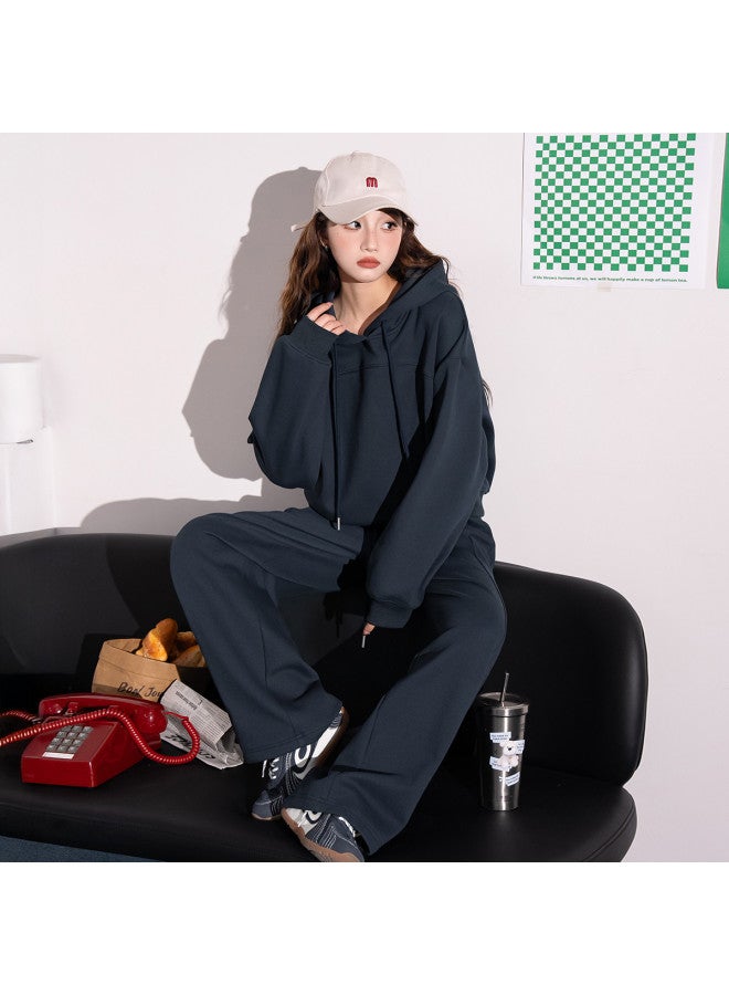 Flying in the snow Autumn Winter Korean Style Versatile Youthful Hooded Straight Leg Wide Leg Pants Fleece Two-piece Set - Image 3