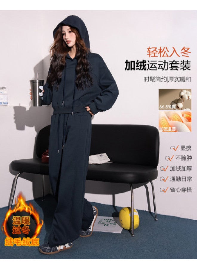 Flying in the snow Autumn Winter Korean Style Versatile Youthful Hooded Straight Leg Wide Leg Pants Fleece Two-piece Set - Image 1