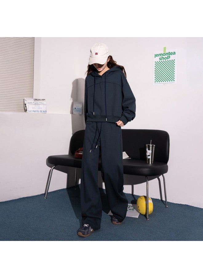 Flying in the snow Autumn Winter Korean Style Versatile Youthful Hooded Straight Leg Wide Leg Pants Fleece Two-piece Set - Image 4