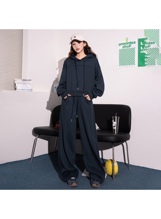 Flying in the snow Autumn Winter Korean Style Versatile Youthful Hooded Straight Leg Wide Leg Pants Fleece Two-piece Set - Image 5