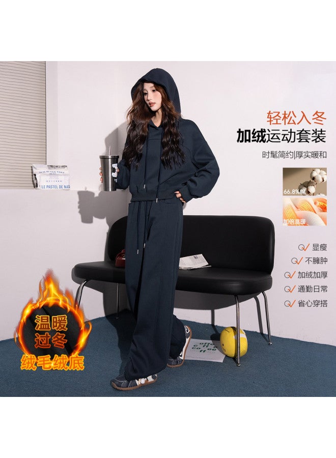 Flying in the snow Autumn Winter Korean Style Versatile Youthful Hooded Straight Leg Wide Leg Pants Fleece Two-piece Set - Image 2
