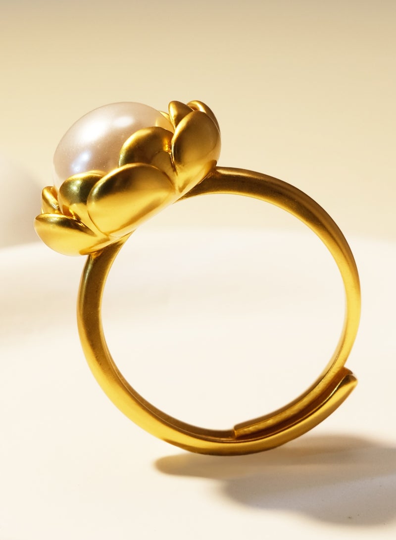 Adjustable Gold Rings for Women – 18K Gold-Plated Copper Open Ring - Original Design Flowers with pearl - Elegance Retro Fashion Golden Daily Wear Jewelry