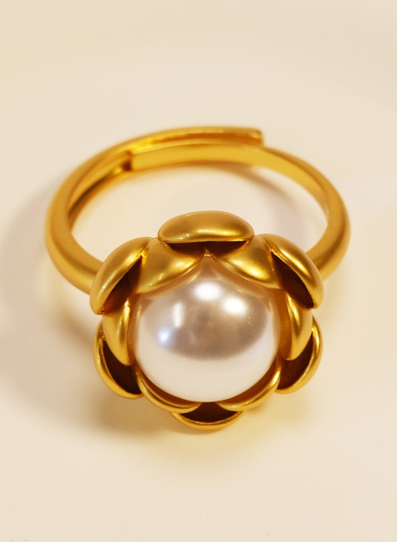 Adjustable Gold Rings for Women – 18K Gold-Plated Copper Open Ring - Original Design Flowers with pearl - Elegance Retro Fashion Golden Daily Wear Jewelry