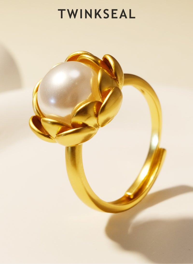 Adjustable Gold Rings for Women – 18K Gold-Plated Copper Open Ring - Original Design Flowers with pearl - Elegance Retro Fashion Golden Daily Wear Jewelry