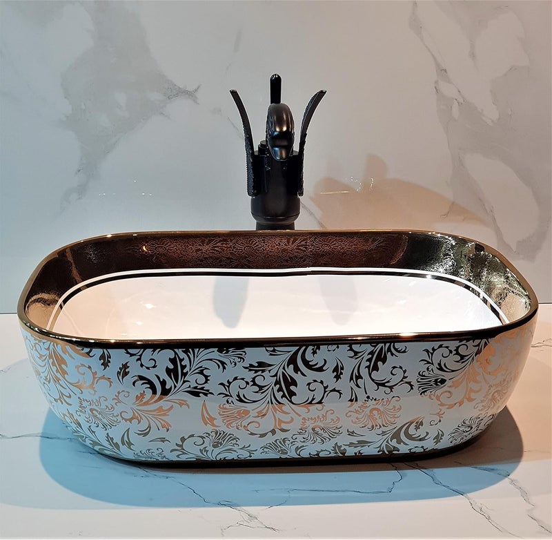 B BACKLINE Ceramic Table Top Vessel Sink Wash Basin Over Counter/Counter Top Wash Basin For Bathroom & Living Room 18 X 13 X 5.5 Inch (Rosegold White 6) - Image 3