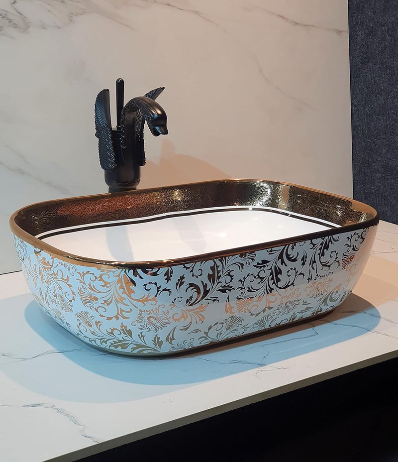 B BACKLINE Ceramic Table Top Vessel Sink Wash Basin Over Counter/Counter Top Wash Basin For Bathroom & Living Room 18 X 13 X 5.5 Inch (Rosegold White 6) - Image 2