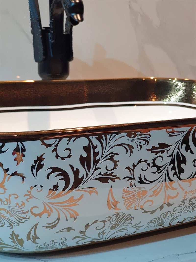 B BACKLINE Ceramic Table Top Vessel Sink Wash Basin Over Counter/Counter Top Wash Basin For Bathroom & Living Room 18 X 13 X 5.5 Inch (Rosegold White 6) - Image 4