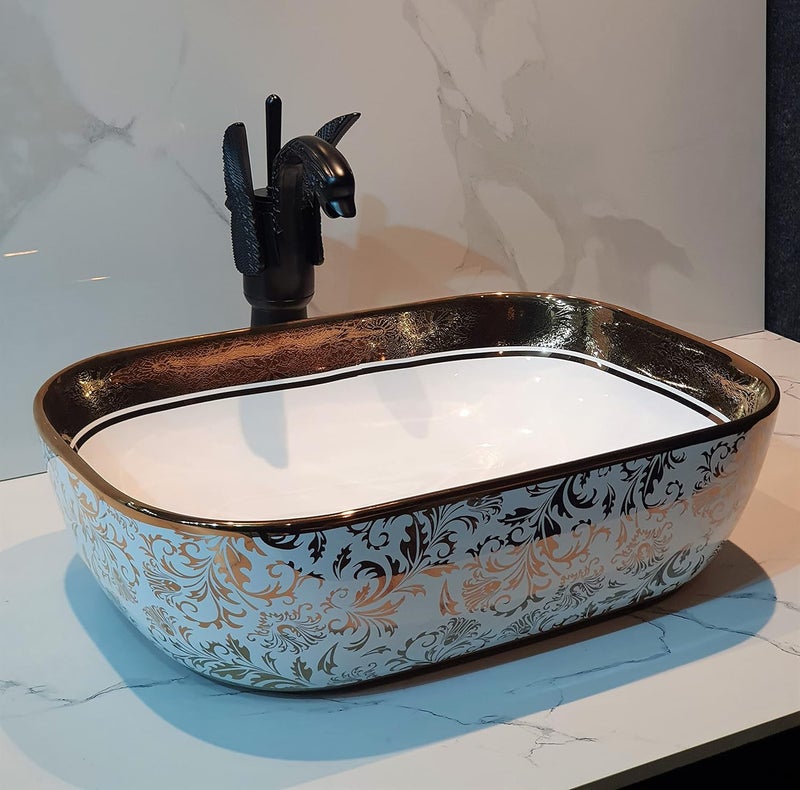 B BACKLINE Ceramic Table Top Vessel Sink Wash Basin Over Counter/Counter Top Wash Basin For Bathroom & Living Room 18 X 13 X 5.5 Inch (Rosegold White 6) - Image 1