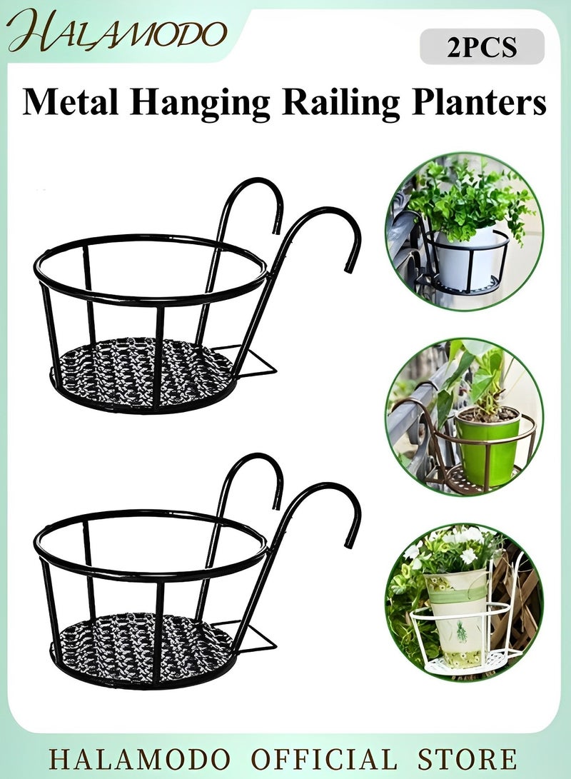 HALAMODO 2pcs Metal Hanging Railing Planters Small Round Hanging Railing Planter Flower Pot Holder Basket Iron Art Rack Fence Shelf Container for Balcony Garden Indoor Outdoor  - Image 1