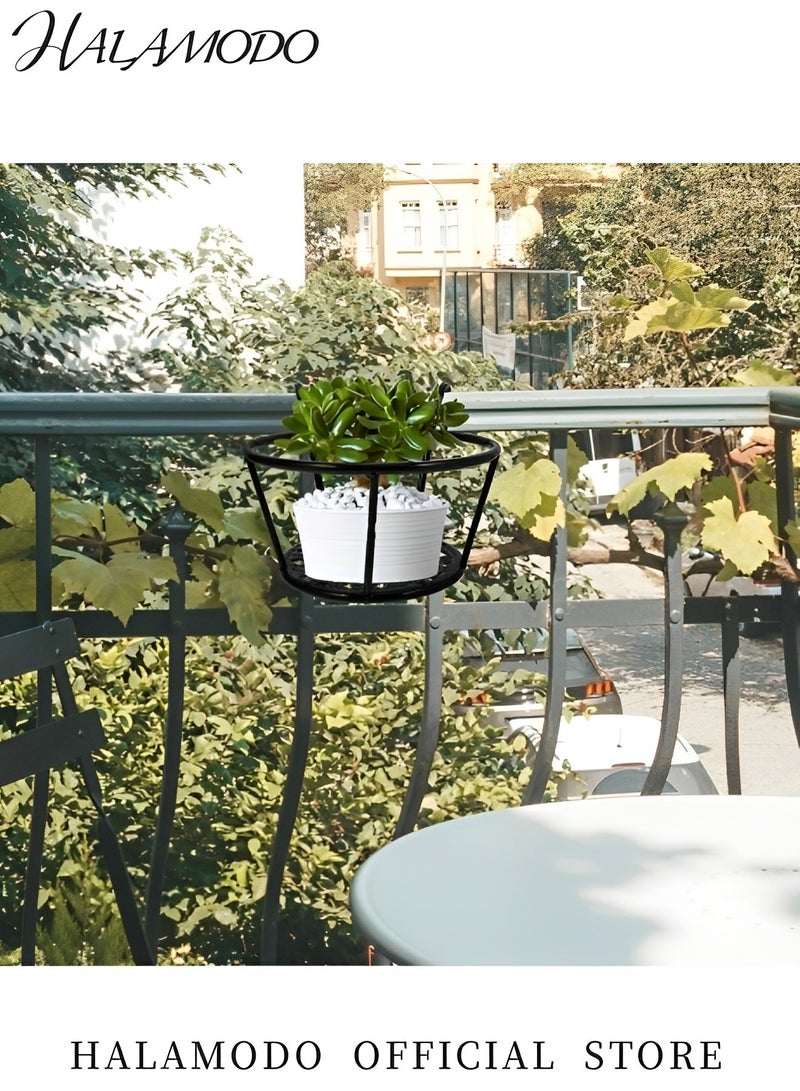HALAMODO 2pcs Metal Hanging Railing Planters Small Round Hanging Railing Planter Flower Pot Holder Basket Iron Art Rack Fence Shelf Container for Balcony Garden Indoor Outdoor  - Image 3