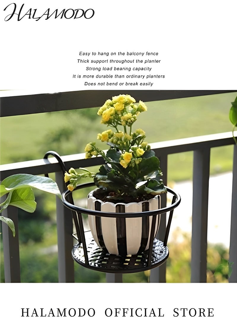 HALAMODO 2pcs Metal Hanging Railing Planters Small Round Hanging Railing Planter Flower Pot Holder Basket Iron Art Rack Fence Shelf Container for Balcony Garden Indoor Outdoor  - Image 4