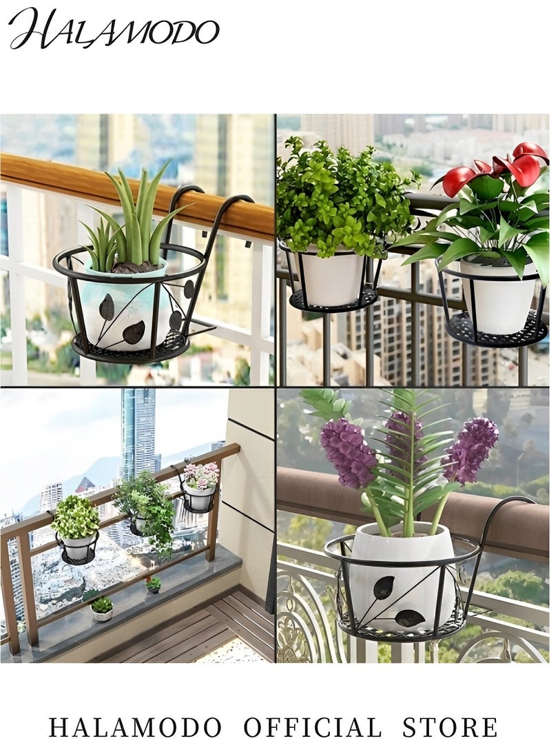 HALAMODO 2pcs Metal Hanging Railing Planters Small Round Hanging Railing Planter Flower Pot Holder Basket Iron Art Rack Fence Shelf Container for Balcony Garden Indoor Outdoor  - Image 5