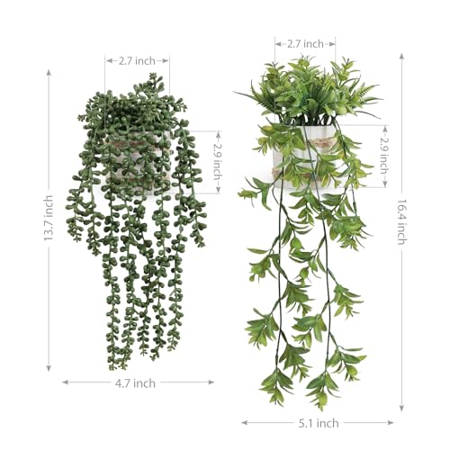 Fuxdre Fake Hanging Plants, 2pcs Artificial Potted Greenery Faux Eucalyptus Vine Fern and String of Pearls in Pot for Home Room Wall Shelf Patio Garden Indoor Outdoor Decor - Image 2