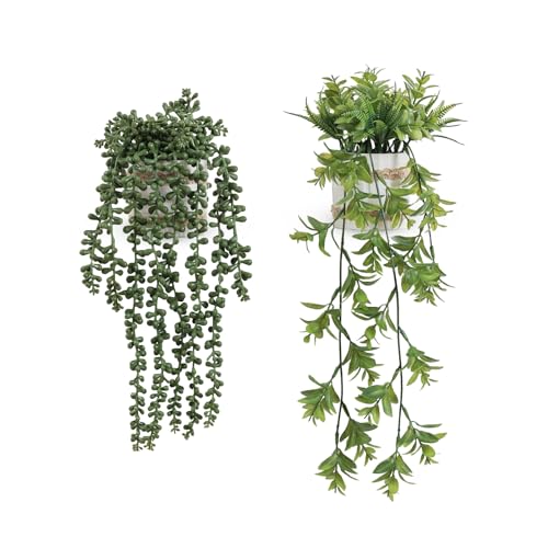 Fuxdre Fake Hanging Plants, 2pcs Artificial Potted Greenery Faux Eucalyptus Vine Fern and String of Pearls in Pot for Home Room Wall Shelf Patio Garden Indoor Outdoor Decor - Image 1