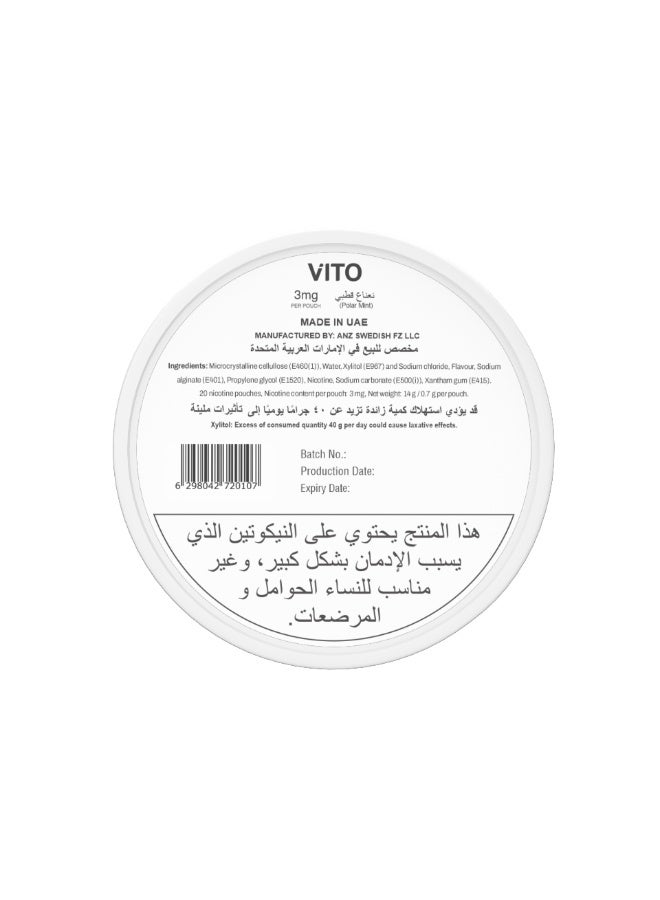 VITO Polar Mint Nicotine Pouches 3mg | Fresh Mint & Cooling Flavor | Tobacco-Free | 5 Cans, 20 Pouches Per Can - Image 4