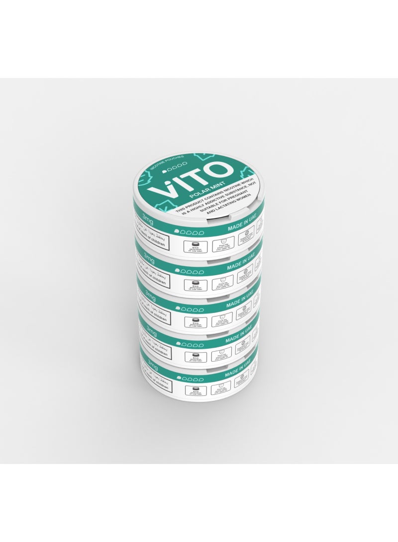 VITO Polar Mint Nicotine Pouches 3mg | Fresh Mint & Cooling Flavor | Tobacco-Free | 5 Cans, 20 Pouches Per Can - Image 2