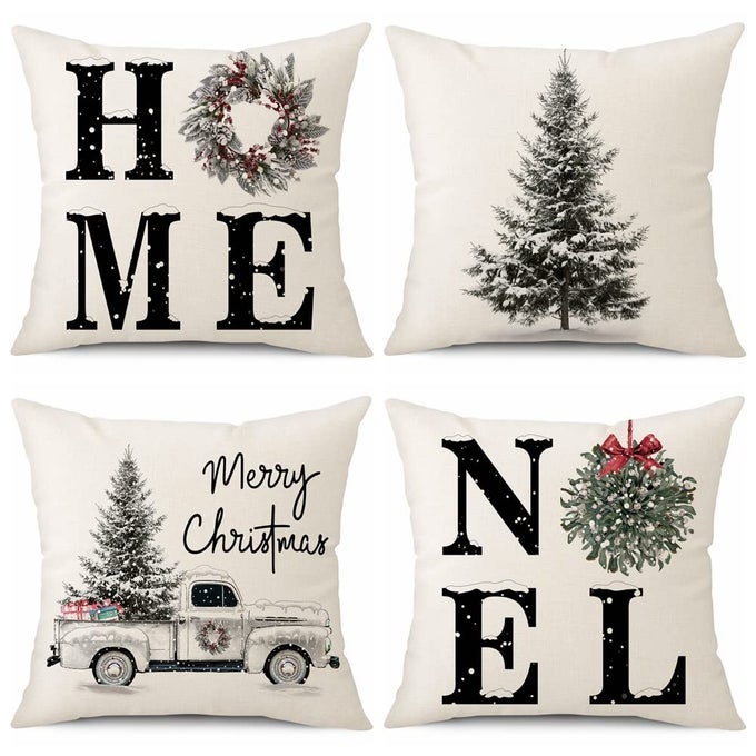 SET OF 4 CUSHION COVERS 45 X 45CM MERRY CHRISTMAS WINTER HOLIDAY THROW PILLOW CASES CHRISTMAS TREE WITH TRUCK LINEN HOME DECORATIVE SOFA PILLOW COVERS