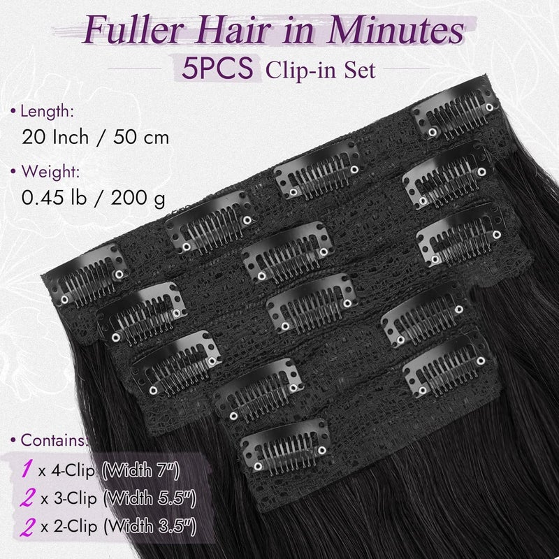 BARSDAR Black Clip-In Hair Extensions, 50 cm Wavy Clip in Hair Extensions for Women, 5 Pieces Layered Hair Extensions Synthetic Lace Hairpieces Extensions – Natural Black - Image 2