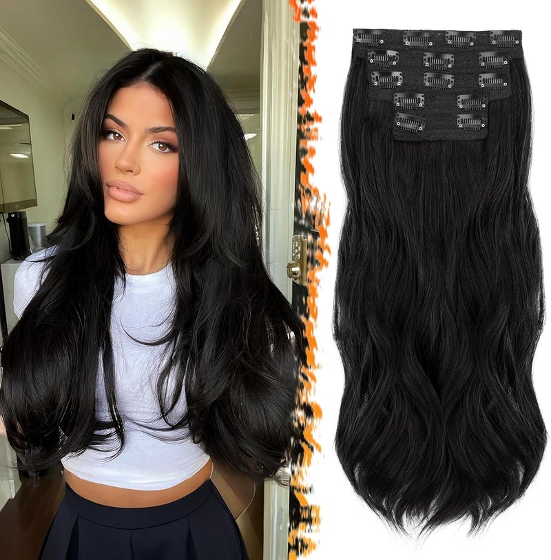 BARSDAR Black Clip-In Hair Extensions, 50 cm Wavy Clip in Hair Extensions for Women, 5 Pieces Layered Hair Extensions Synthetic Lace Hairpieces Extensions – Natural Black - Image 1