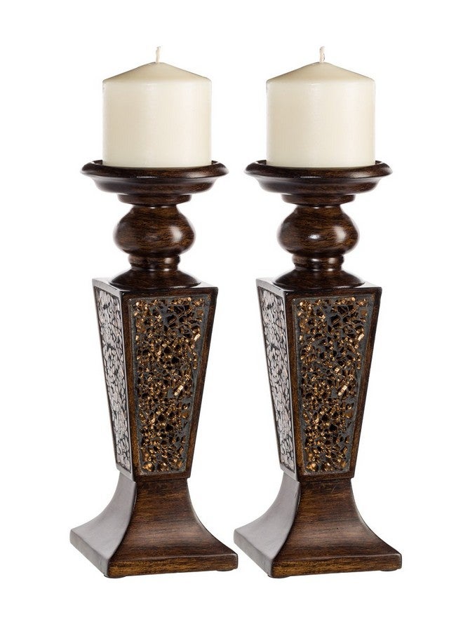 Creative Scents Schonwerk Brown Pillar Candle Holder Set of 2- Crackled Mosaic Design- Functional Table Decorations- Centerpieces for Dining/Living Room- Best Wedding Gift - Image 1