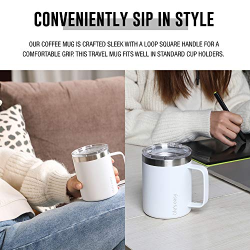 Life's Easy 12 oz Stainless Steel Mug w/Handle - Double Wall Insulated Travel Tumbler w/Flip Lid - Leak Proof Tumbler-Thermal Cup for Coffee, Tea & More - Keep Hot & Cold Drinks (Winter White, 12 oz) - Image 3
