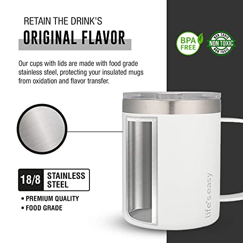 Life's Easy 12 oz Stainless Steel Mug w/Handle - Double Wall Insulated Travel Tumbler w/Flip Lid - Leak Proof Tumbler-Thermal Cup for Coffee, Tea & More - Keep Hot & Cold Drinks (Winter White, 12 oz) - Image 5