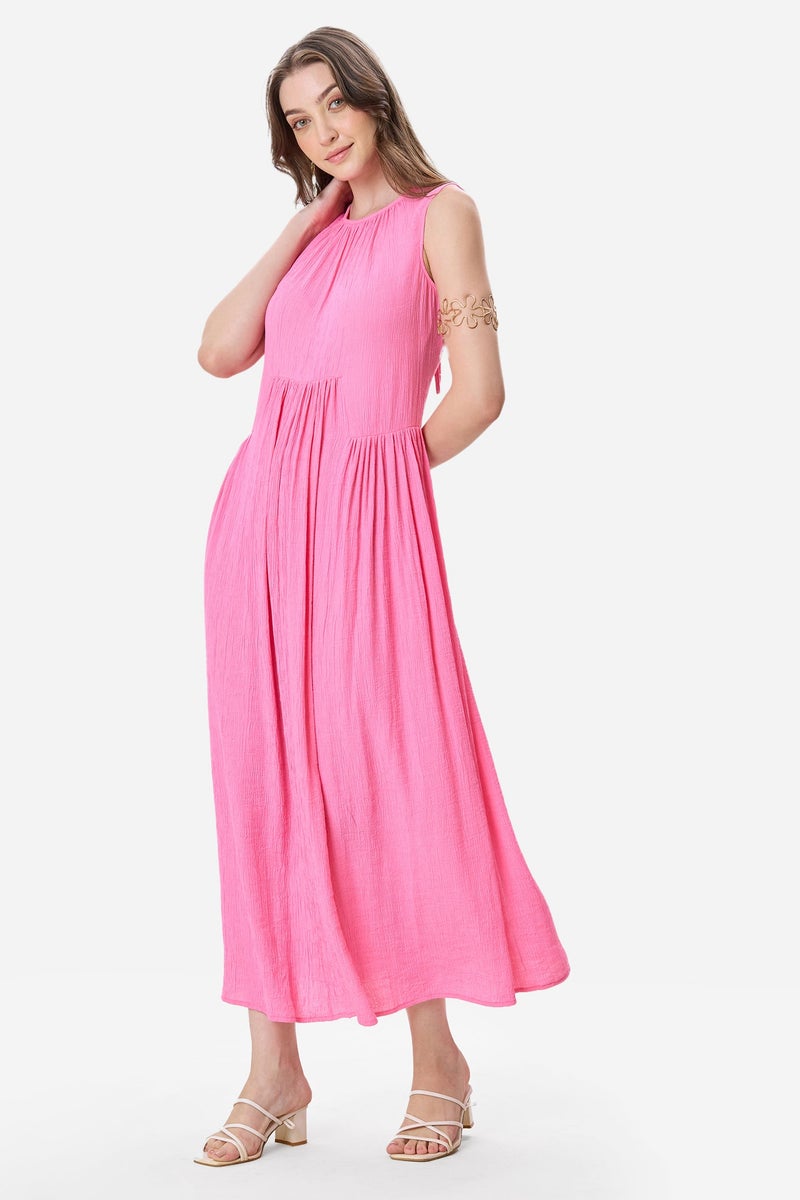 Virgio Solid Viscose Gathered Sleeveless Maxi Dress for Women - Image 3