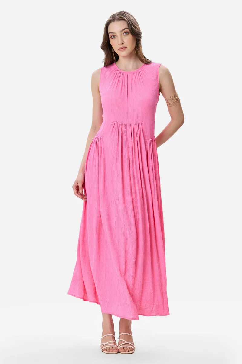 فيرجيو Solid Viscose Gathered Sleeveless Maxi Dress for Women