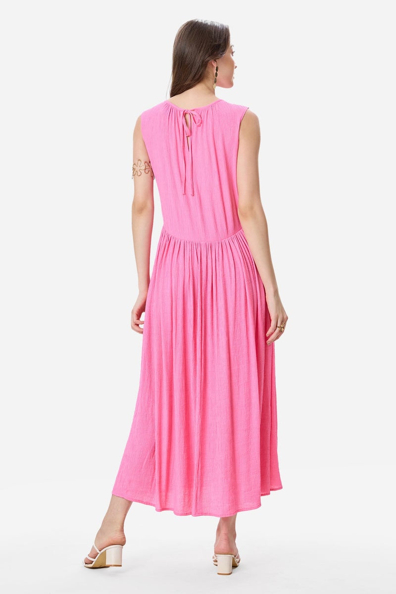 Virgio Solid Viscose Gathered Sleeveless Maxi Dress for Women - Image 4