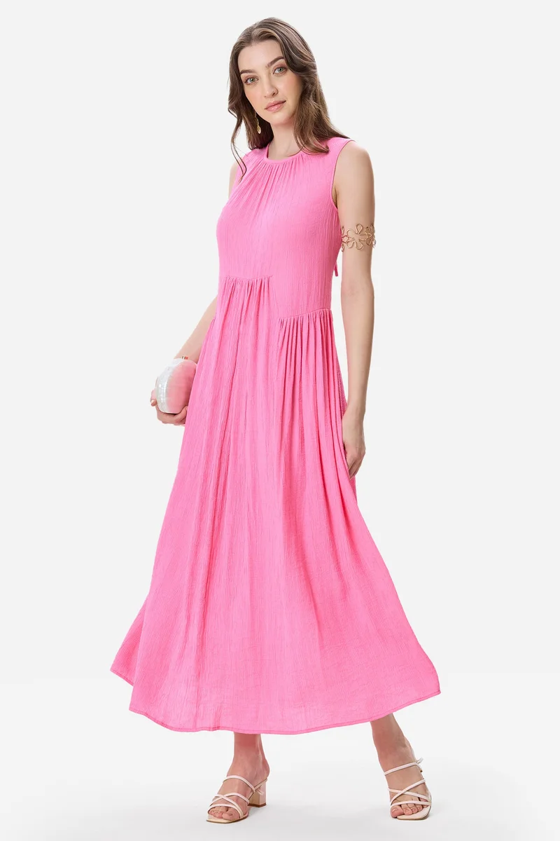 فيرجيو Solid Viscose Gathered Sleeveless Maxi Dress for Women