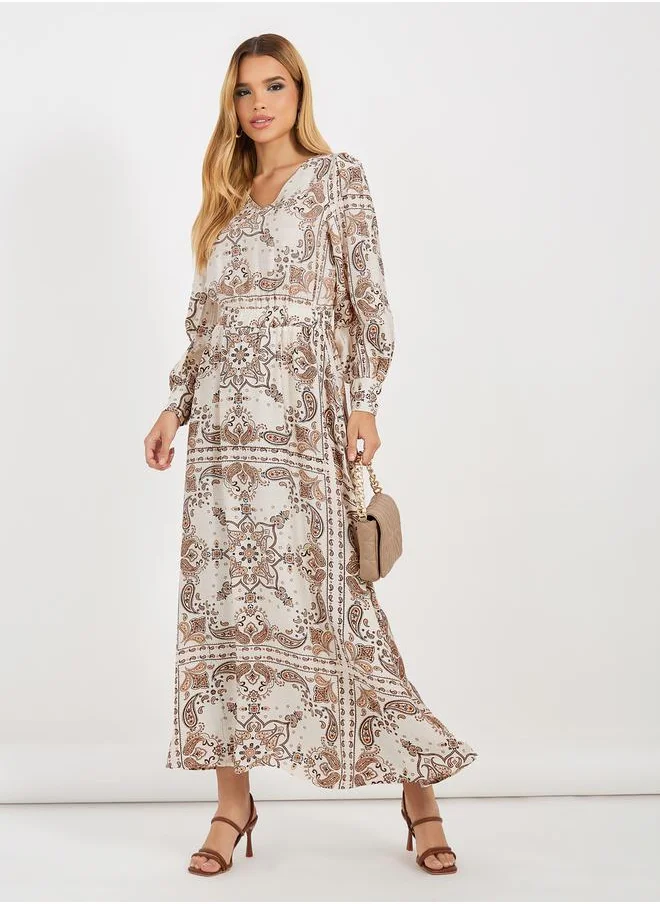 Styli All-Over Print Long Sleeves A-Line Maxi Dress