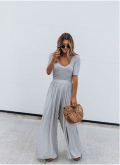 Women's Solid Color Short Sleeve Wide Leg Loose Jumpsuit