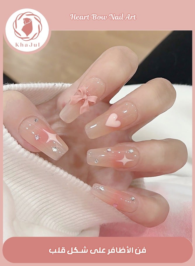 KHAJUL 24-Piece Press on Nails Fake Nails Full Cover Nude Heart Star Bow Design False Nails Holiday Acrylic Artificial on Nails Stick on Nails Glossy Glue on Nails for Women - Image 1